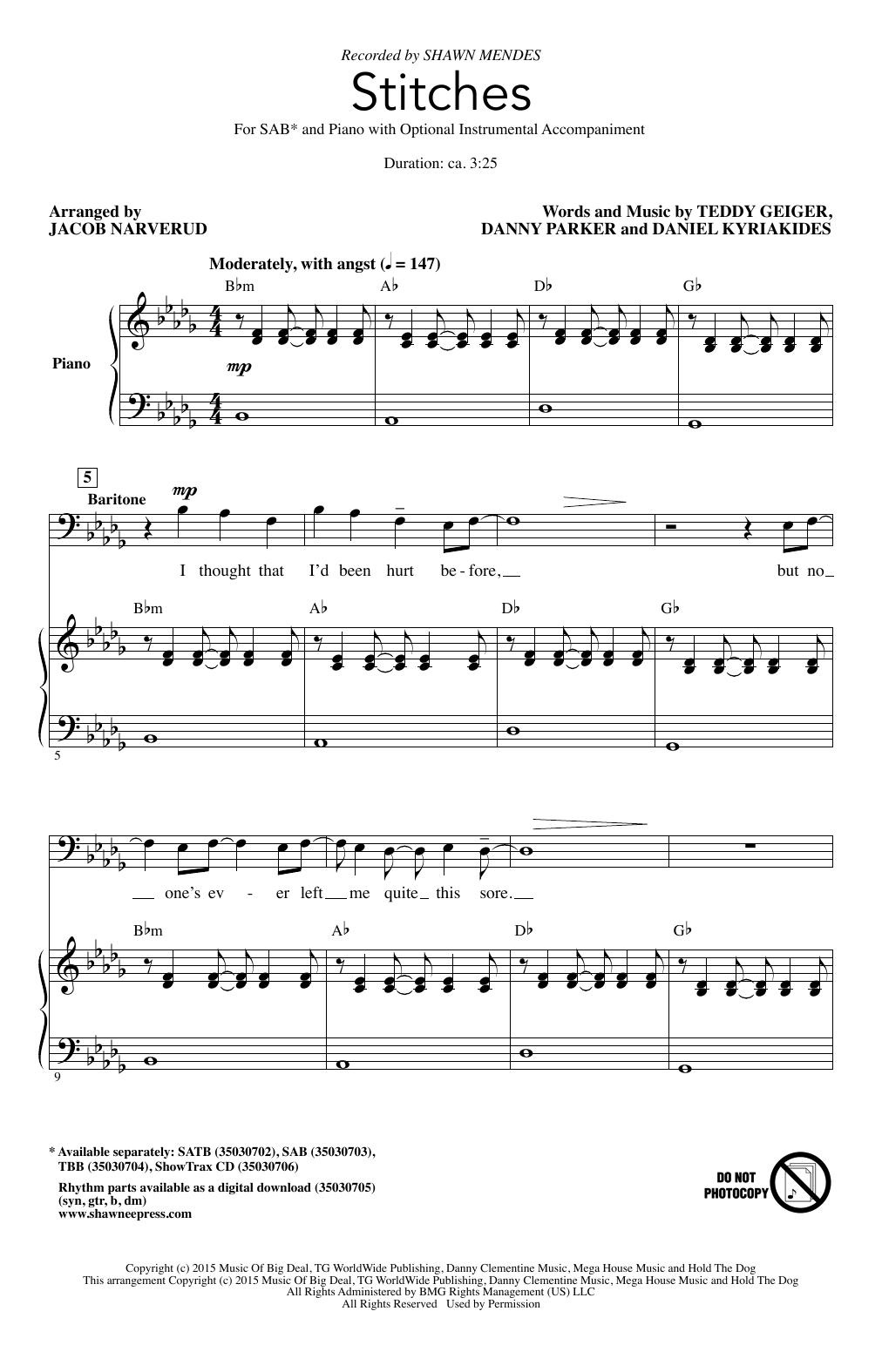 Download Shawn Mendes Stitches (arr. Jacob Narverud) Sheet Music