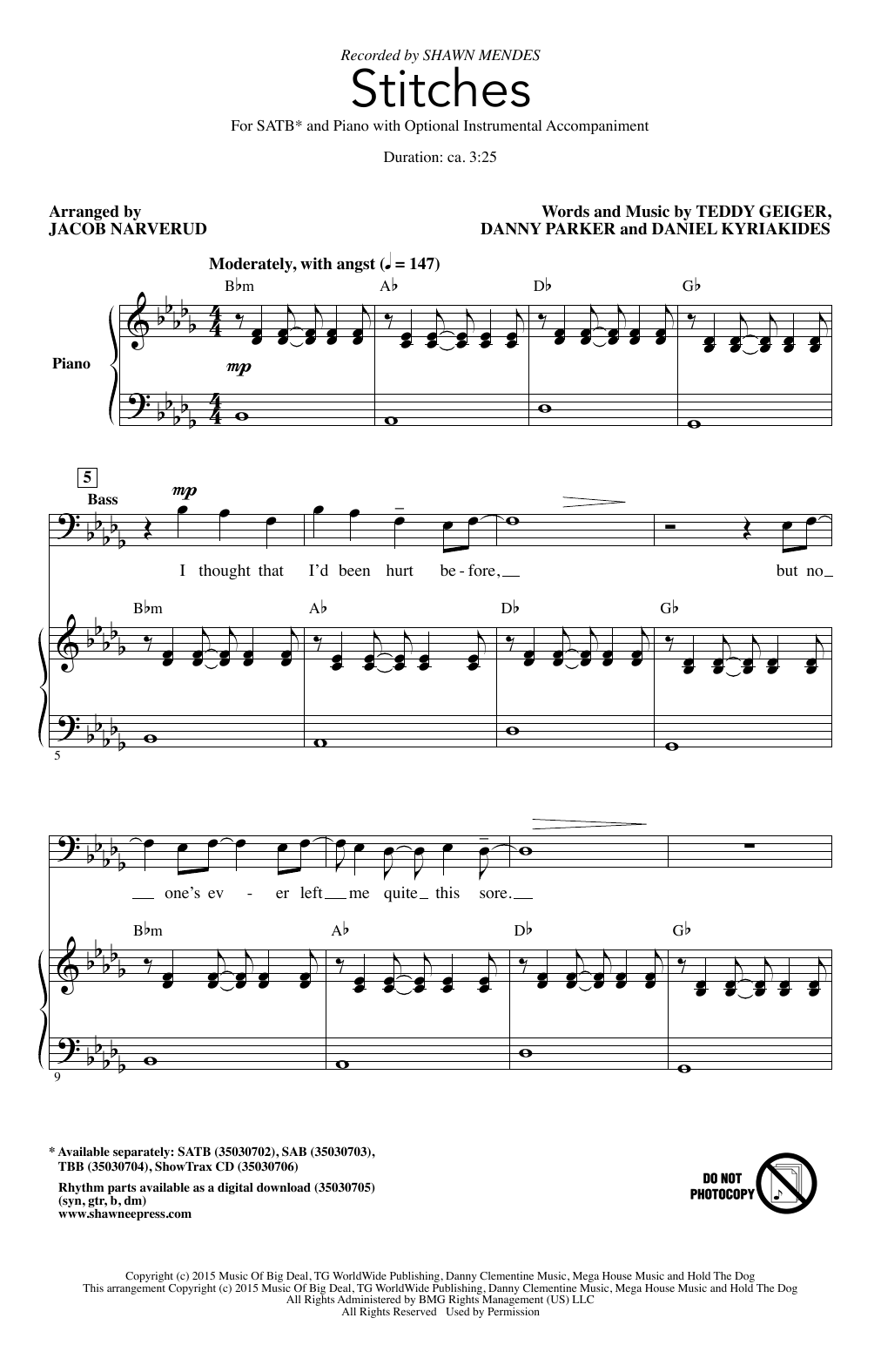 Download Shawn Mendes Stitches (arr. Jacob Narverud) Sheet Music
