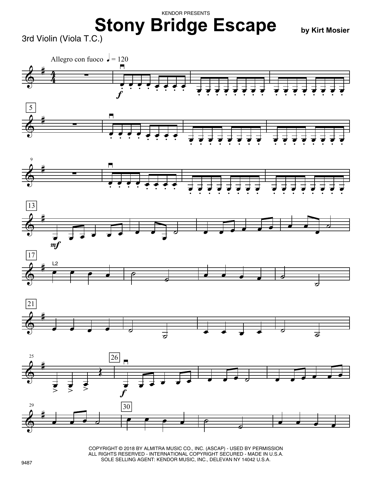 Download Kirt Mosier Stony Bridge Escape - Violin 3 (Viola T Sheet Music