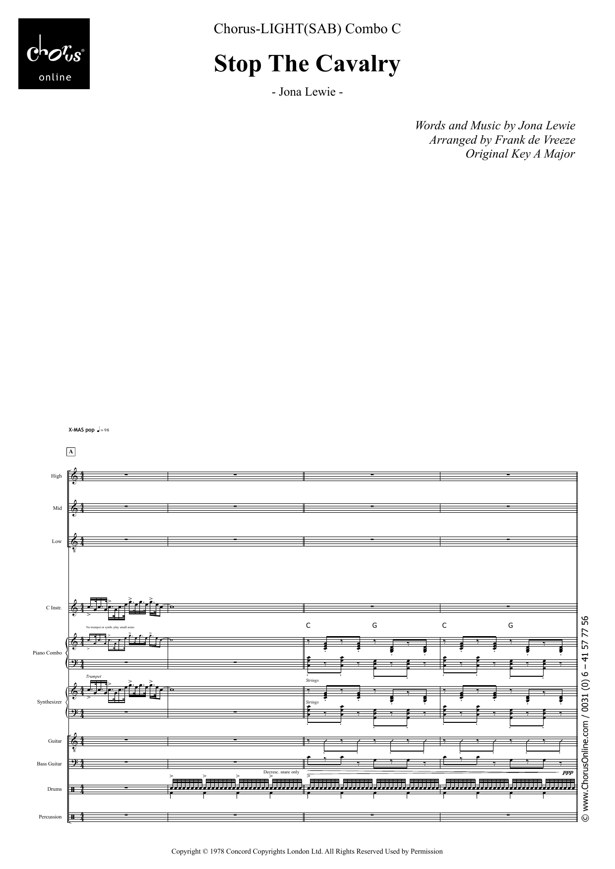 Jona Lewie Stop The Cavalry (arr. Frank de Vreeze) sheet music notes printable PDF score