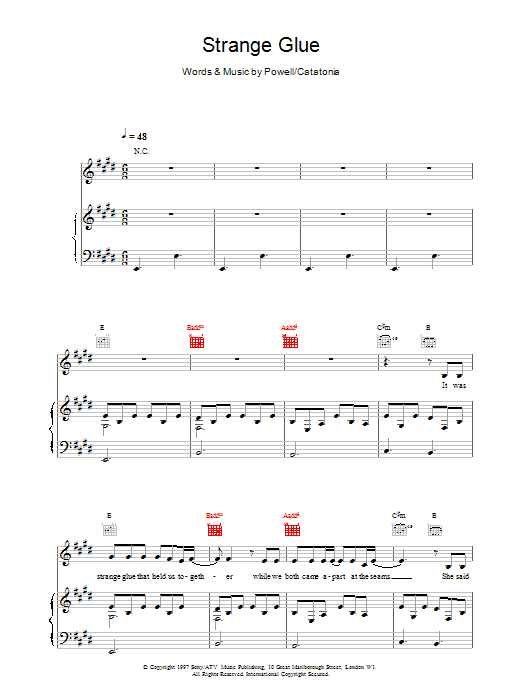 Catatonia Strange Glue sheet music notes printable PDF score
