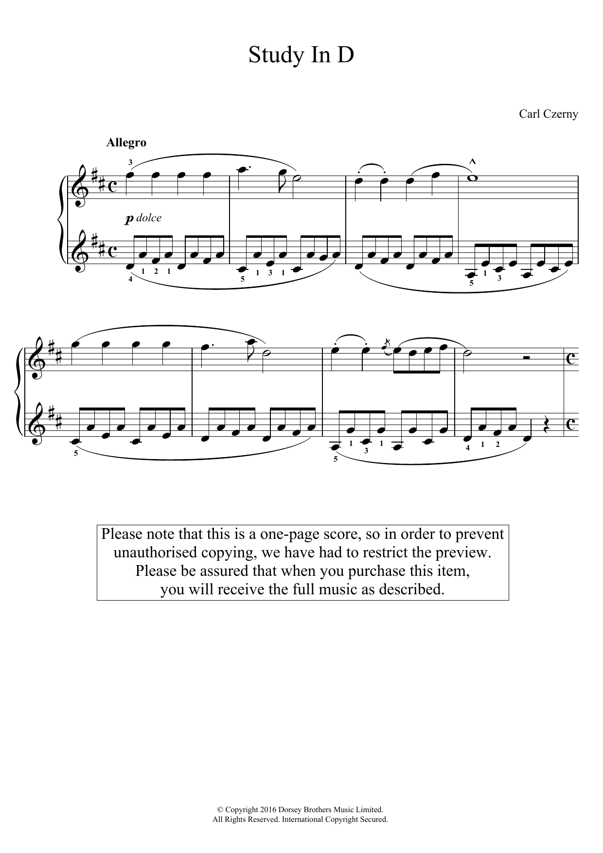 Download Carl Czerny Study In D Sheet Music