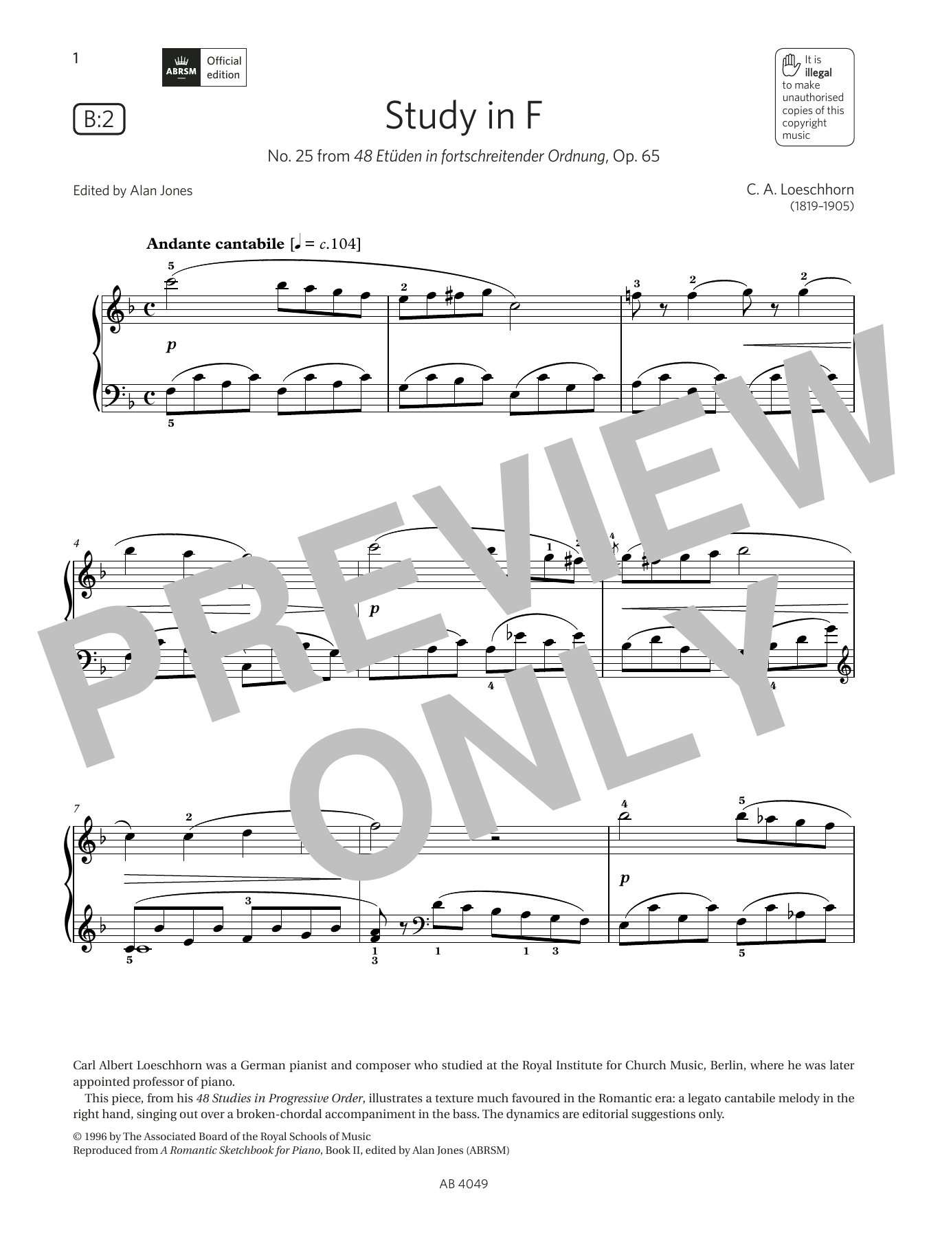Download C A Loeschhorn Study in F (Grade 3, list B2, from the Sheet Music