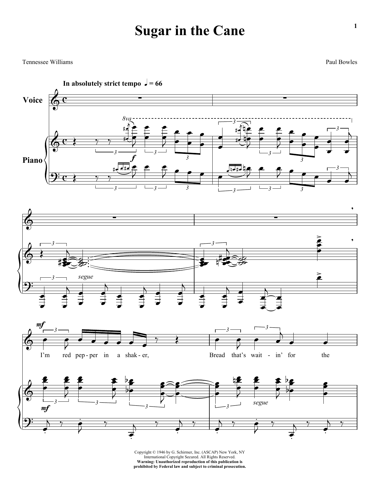 Download Tennessee Williams Sugar In The Cane Sheet Music
