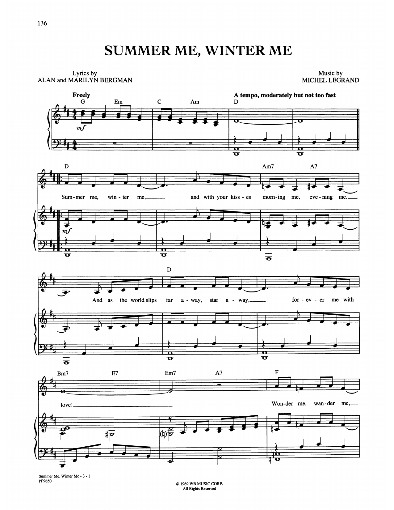 Download Alan and Marilyn Bergman and Michel Summer Me, Winter Me Sheet Music
