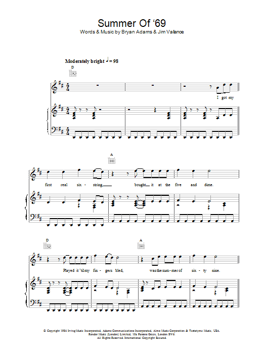 Bryan Adams Summer Of '69 sheet music notes printable PDF score