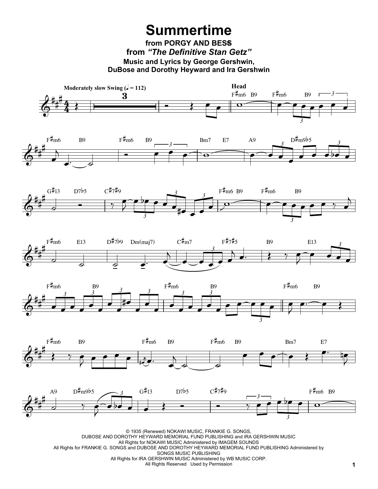 Download Stan Getz Summertime (from Porgy and Bess) Sheet Music