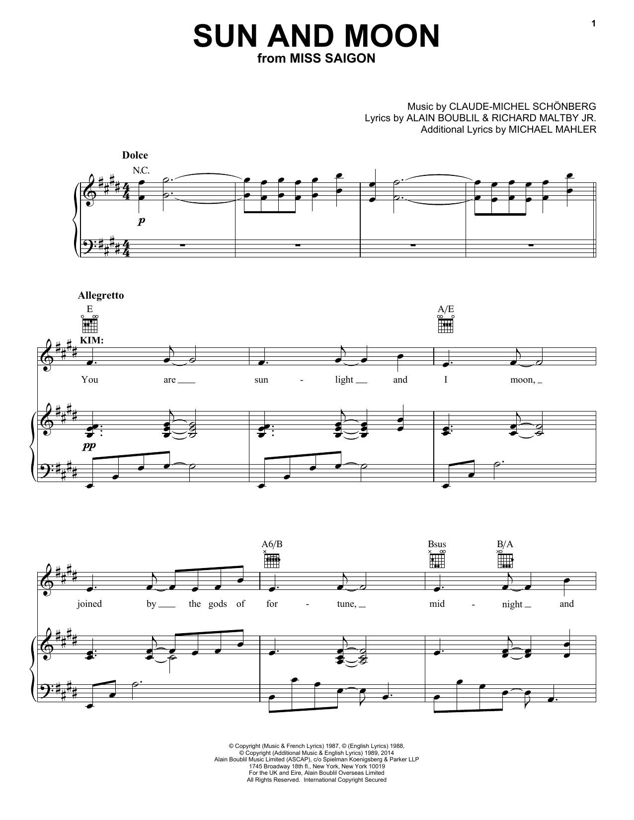 Download Boublil and Schonberg Sun And Moon Sheet Music