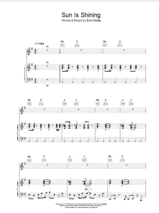 Bob Marley Sun Is Shining sheet music notes printable PDF score