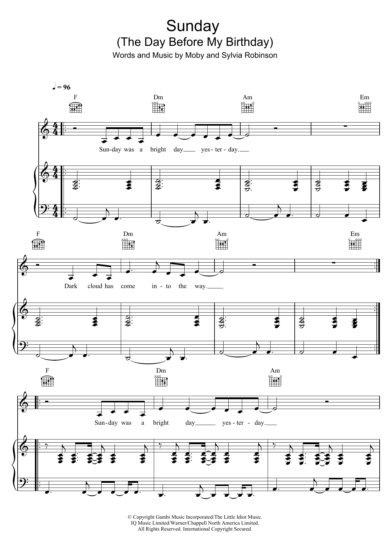 Download Moby Sunday (The Day Before My Birthday) Sheet Music