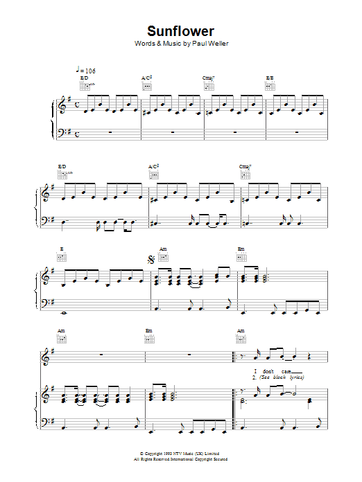 Paul Weller Sunflower sheet music notes printable PDF score