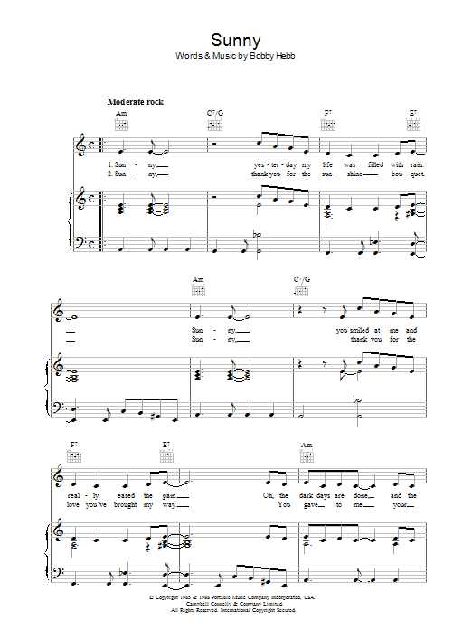 Bobby Hebb Sunny sheet music notes printable PDF score