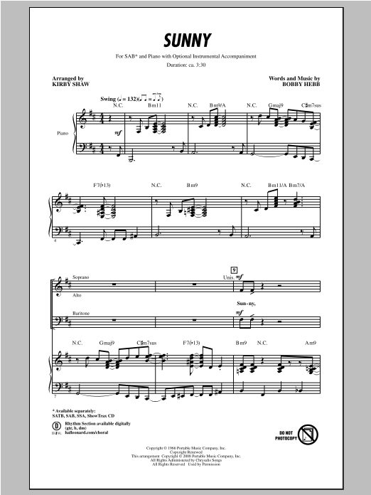 Download Bobby Hebb Sunny (arr. Kirby Shaw) Sheet Music