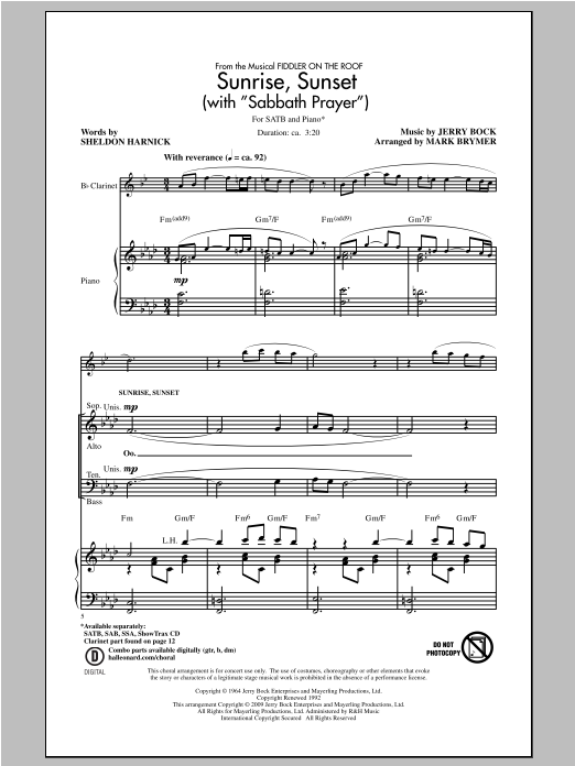 Download Mark Brymer Sunrise, Sunset (with Sabbath Prayer) Sheet Music