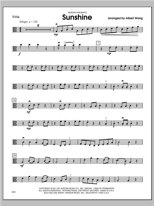 Download Wang Sunshine - Viola Sheet Music