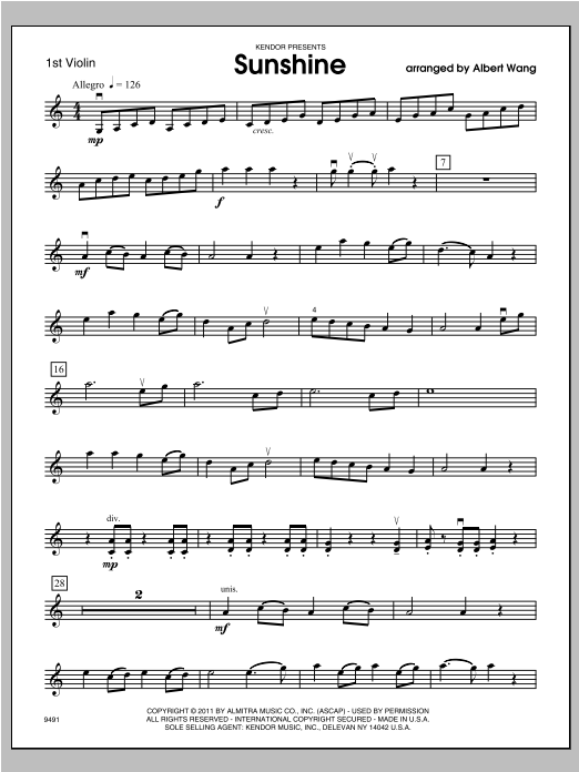 Download Wang Sunshine - Violin 1 Sheet Music