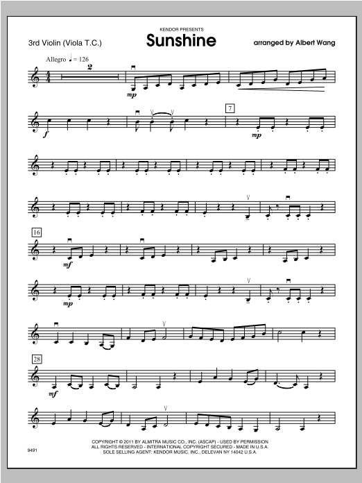 Download Wang Sunshine - Violin 3 Sheet Music
