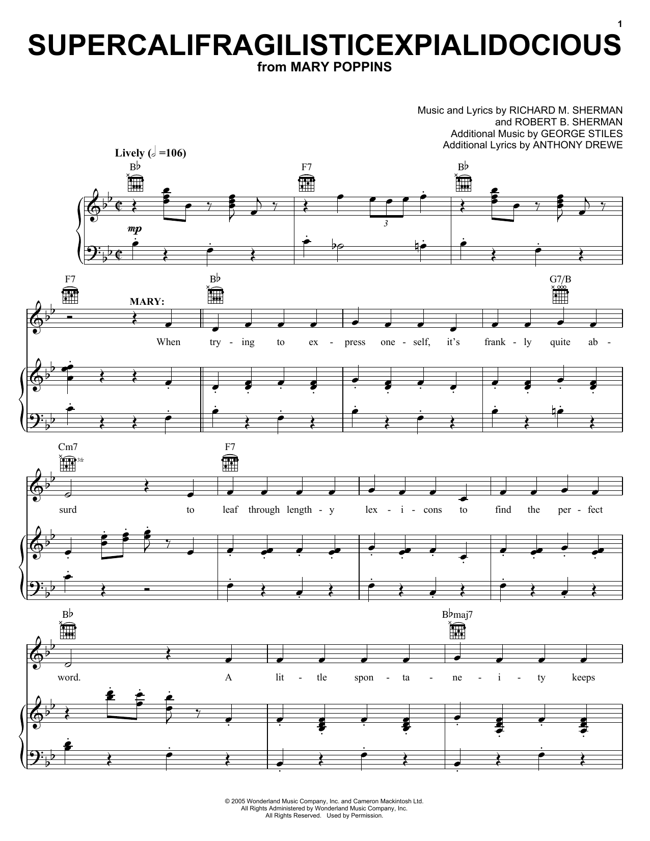 Sherman Brothers Supercalifragilisticexpialidocious (from Mary Poppins) sheet music notes printable PDF score