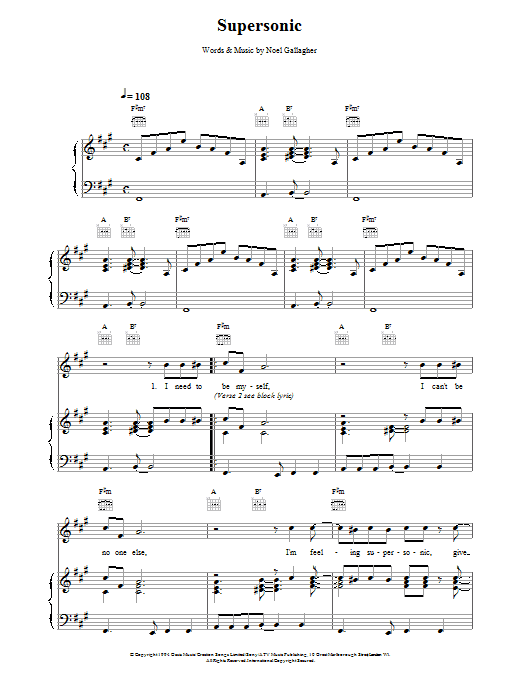 Oasis Supersonic sheet music notes printable PDF score