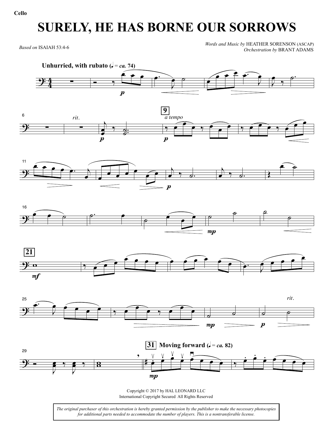 Download Heather Sorenson Surely, He Has Borne Our Sorrows - Cell Sheet Music