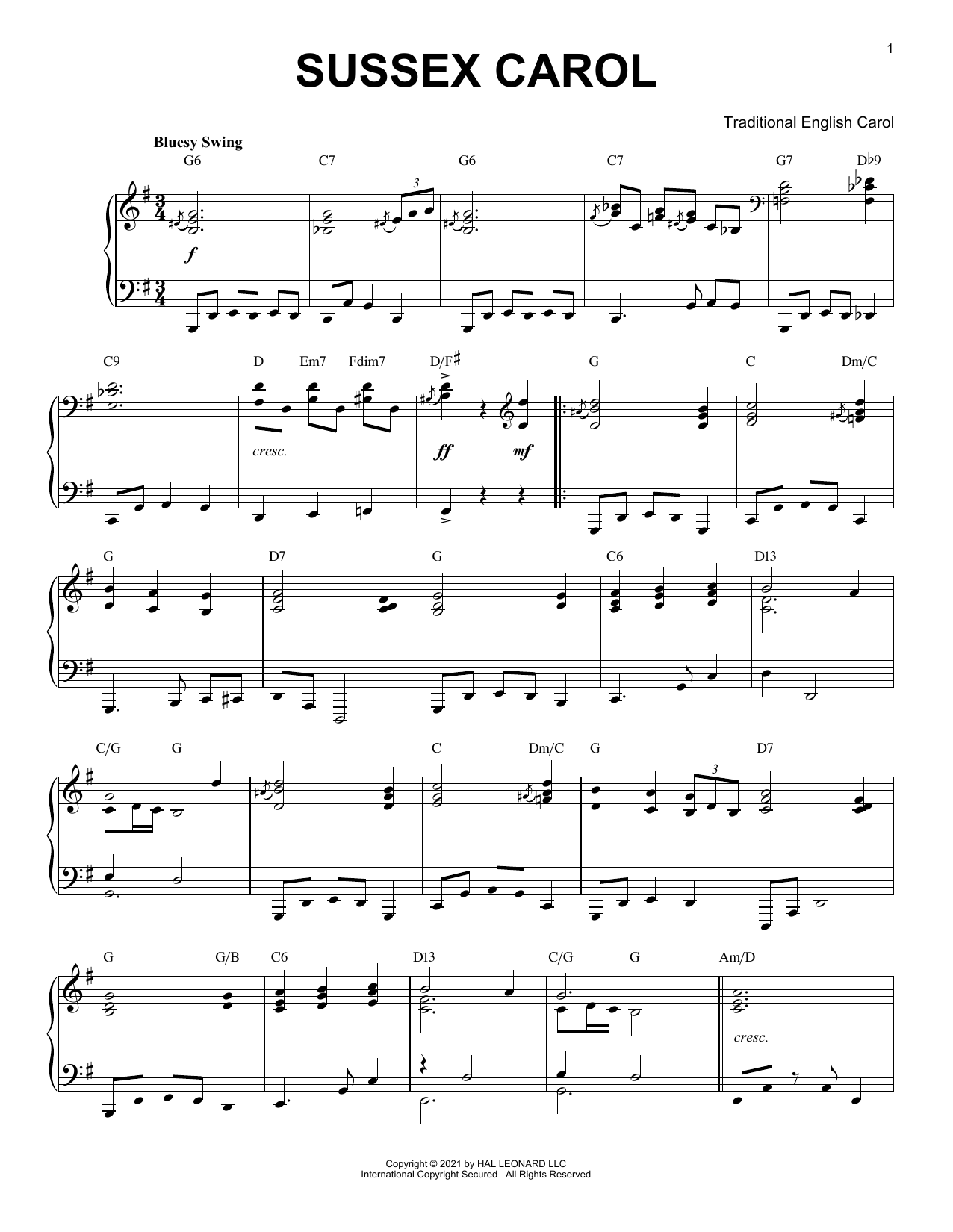 Download Traditional English Carol Sussex Carol [Jazz version] (arr. Brent Sheet Music