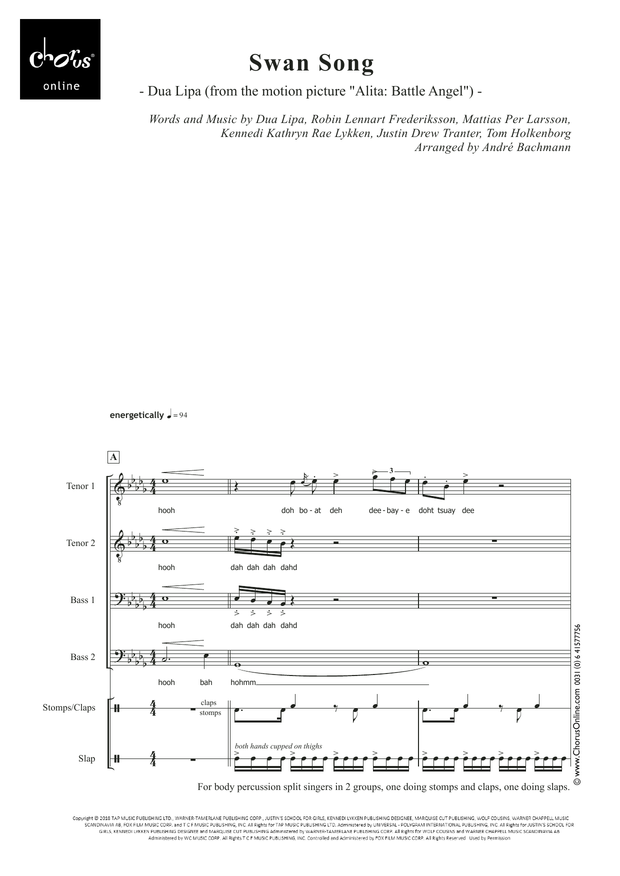 Dua Lipa Swan Song (arr. André Bachmann) sheet music notes printable PDF score