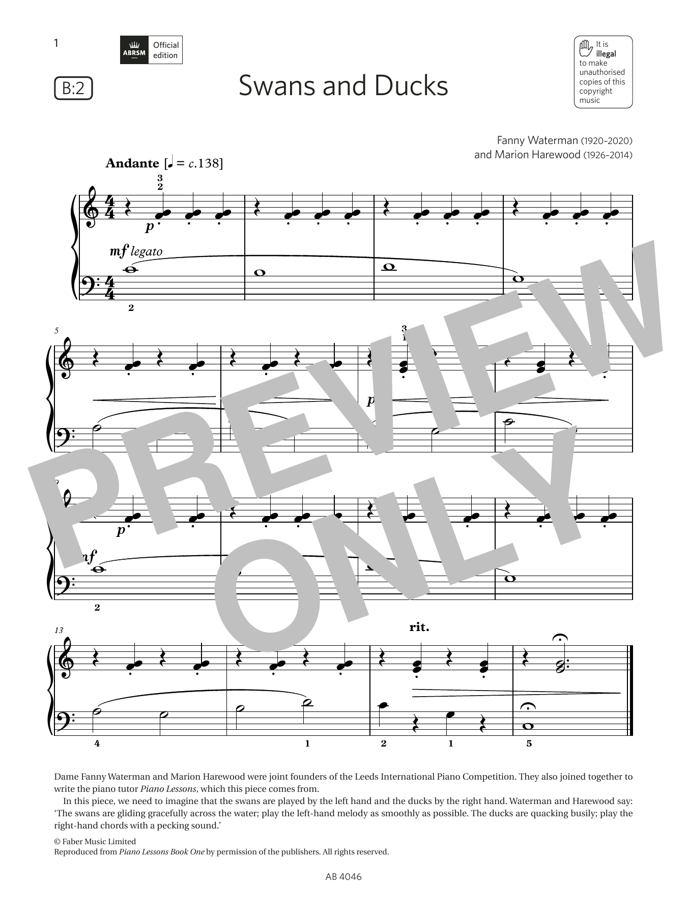 Download Fanny Waterman & Marion Harewood Swans and Ducks (Grade Initial, list B2 Sheet Music