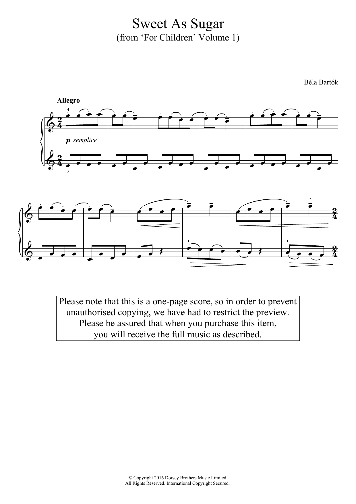 Download Bela Bartok Sweet As Sugar (from 'For Children', Vo Sheet Music