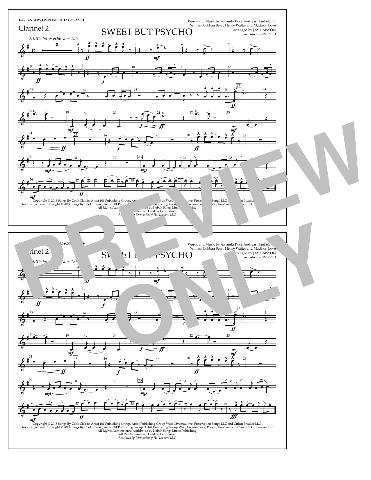 Download Ava Max Sweet But Psycho (arr. Jay Dawson) - Cl Sheet Music