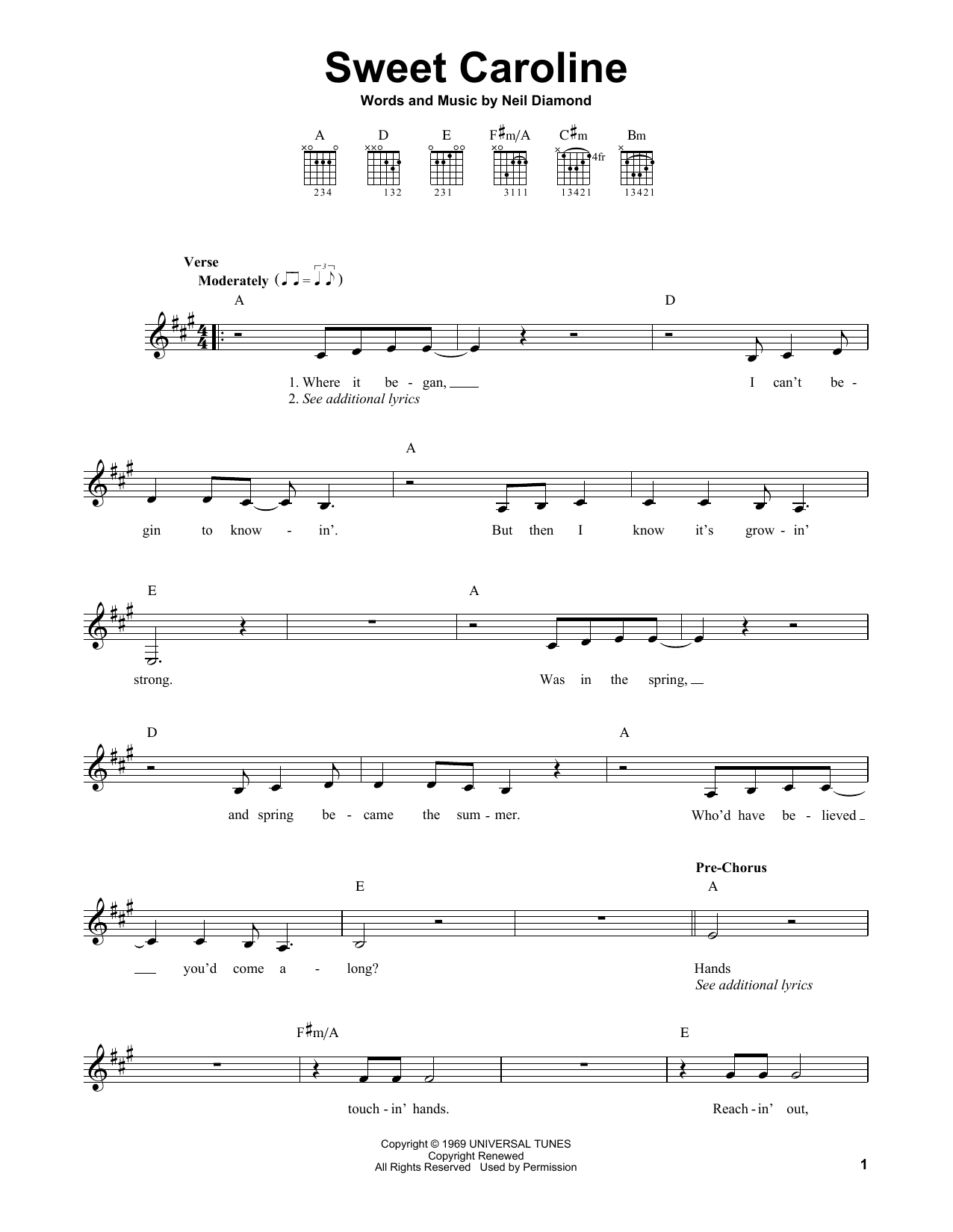 Neil Diamond Sweet Caroline sheet music notes printable PDF score