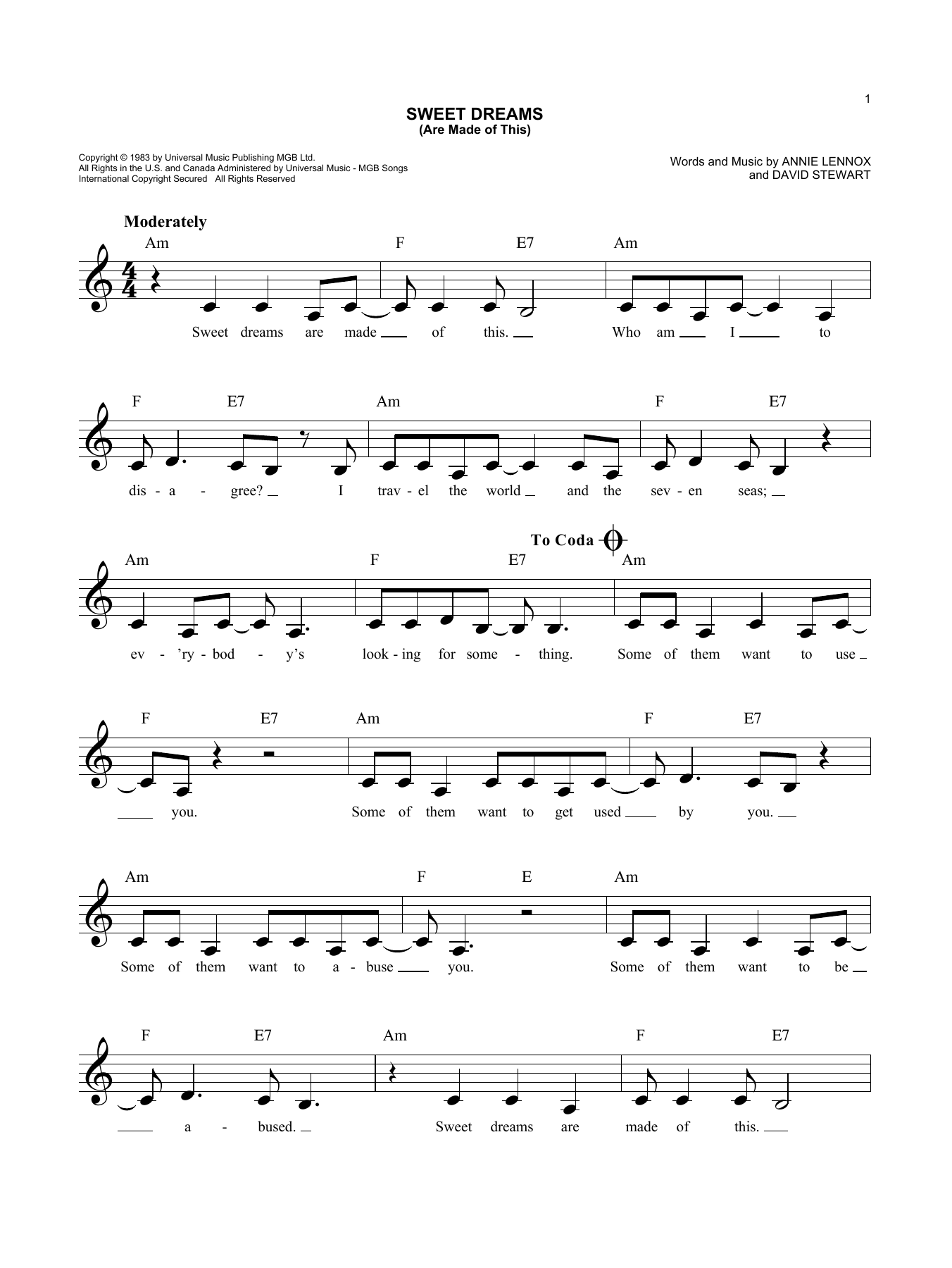 Download Eurythmics Sweet Dreams (Are Made Of This) Sheet Music