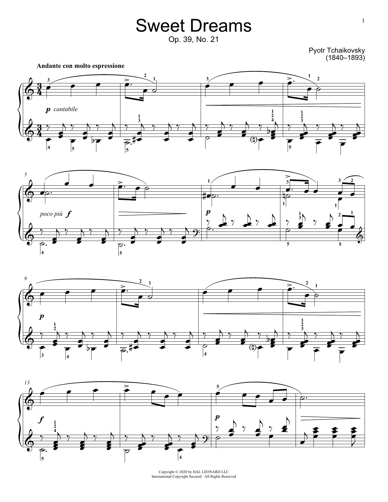 Download Pyotr Il'yich Tchaikovsky Sweet Dreams, Op. 39, No. 21 Sheet Music