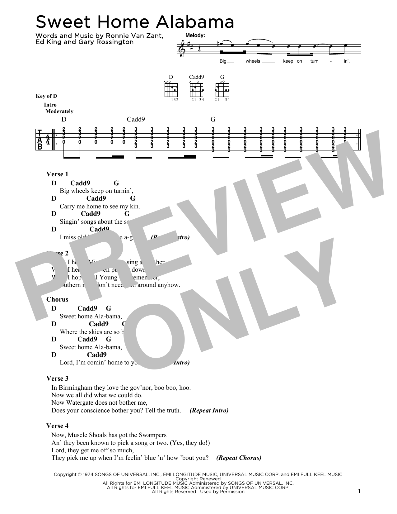 Download Lynyrd Skynyrd Sweet Home Alabama Sheet Music