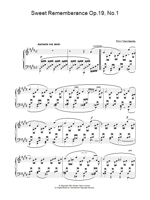 Download Felix Mendelssohn Sweet Rememberance Op.19, No.1 Sheet Music