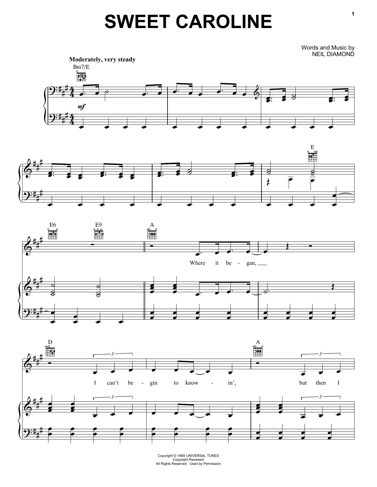 Neil Diamond Sweet Caroline sheet music notes printable PDF score