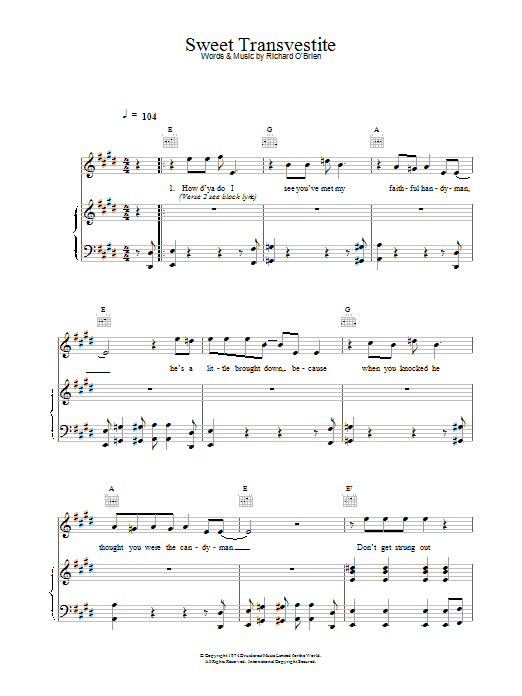 Richard O Brien Sweet Transvestite sheet music notes printable PDF score