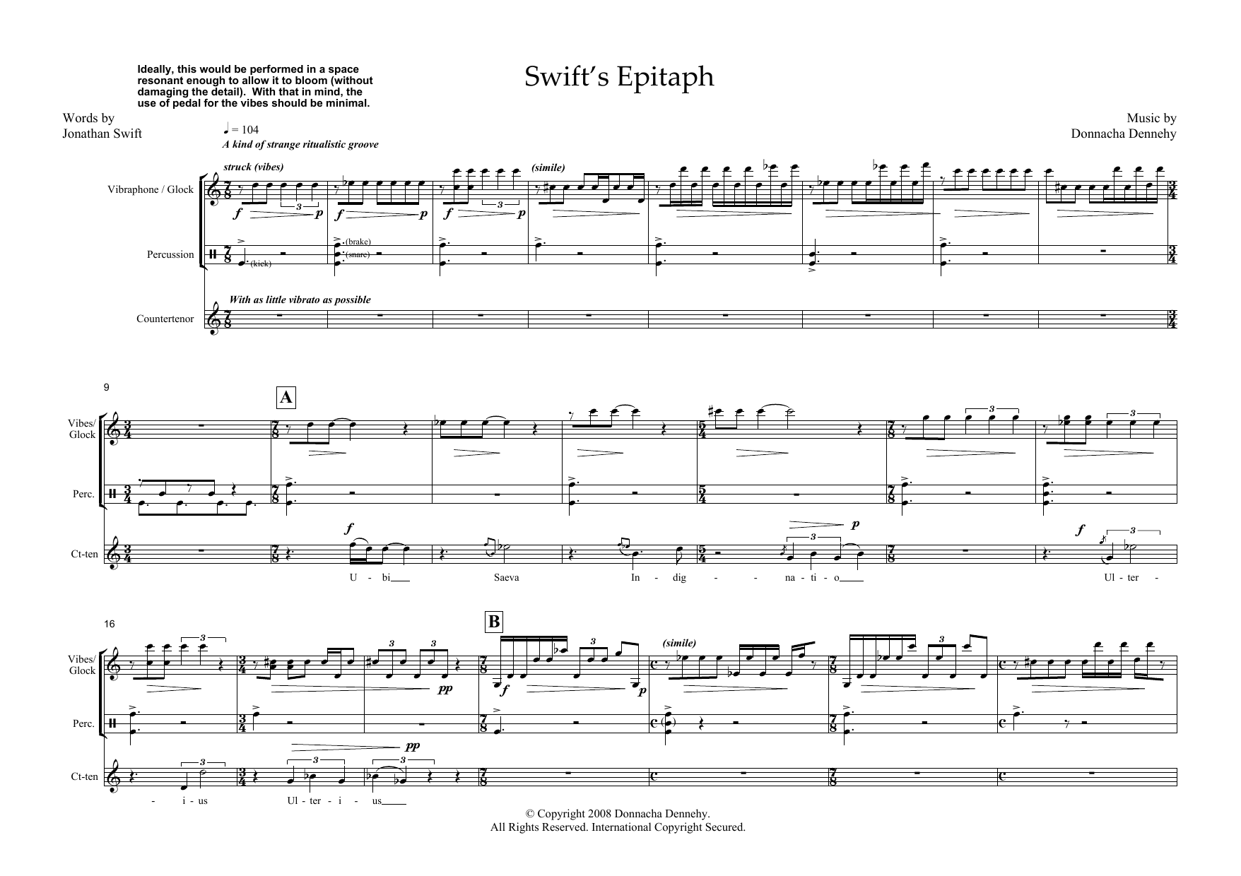 Download Donnacha Dennehy Swift's Epitaph (for counter-tenor & pe Sheet Music