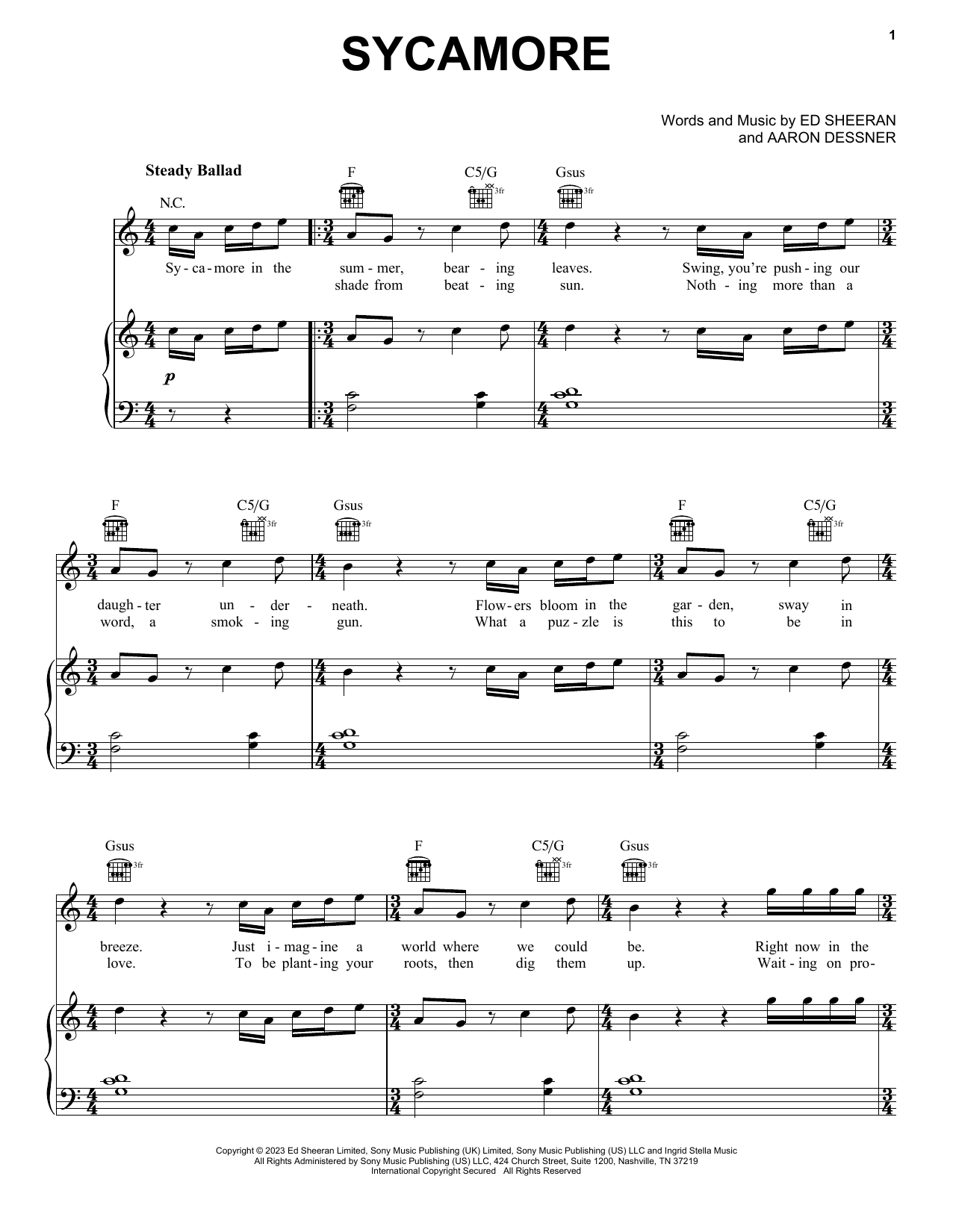 Ed Sheeran Sycamore sheet music notes printable PDF score