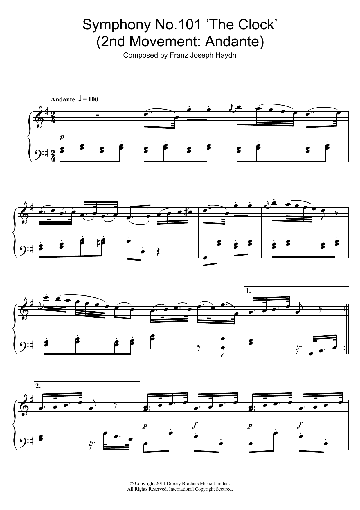 Download Franz Joseph Haydn Symphony No.101 ‘The Clock' (2nd Move Sheet Music