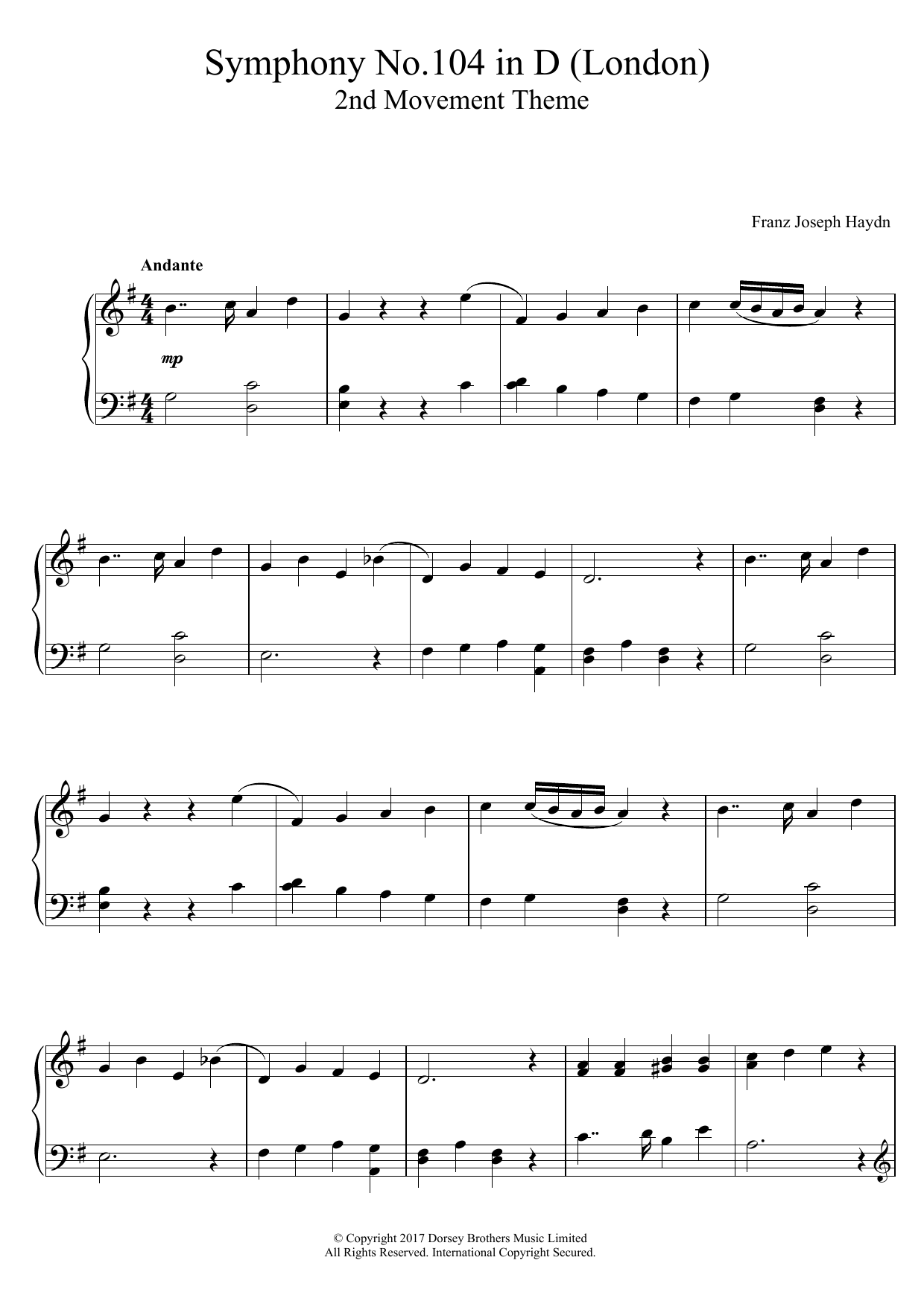 Download Franz Joseph Haydn Symphony No.104 in D (London) 2nd Movem Sheet Music