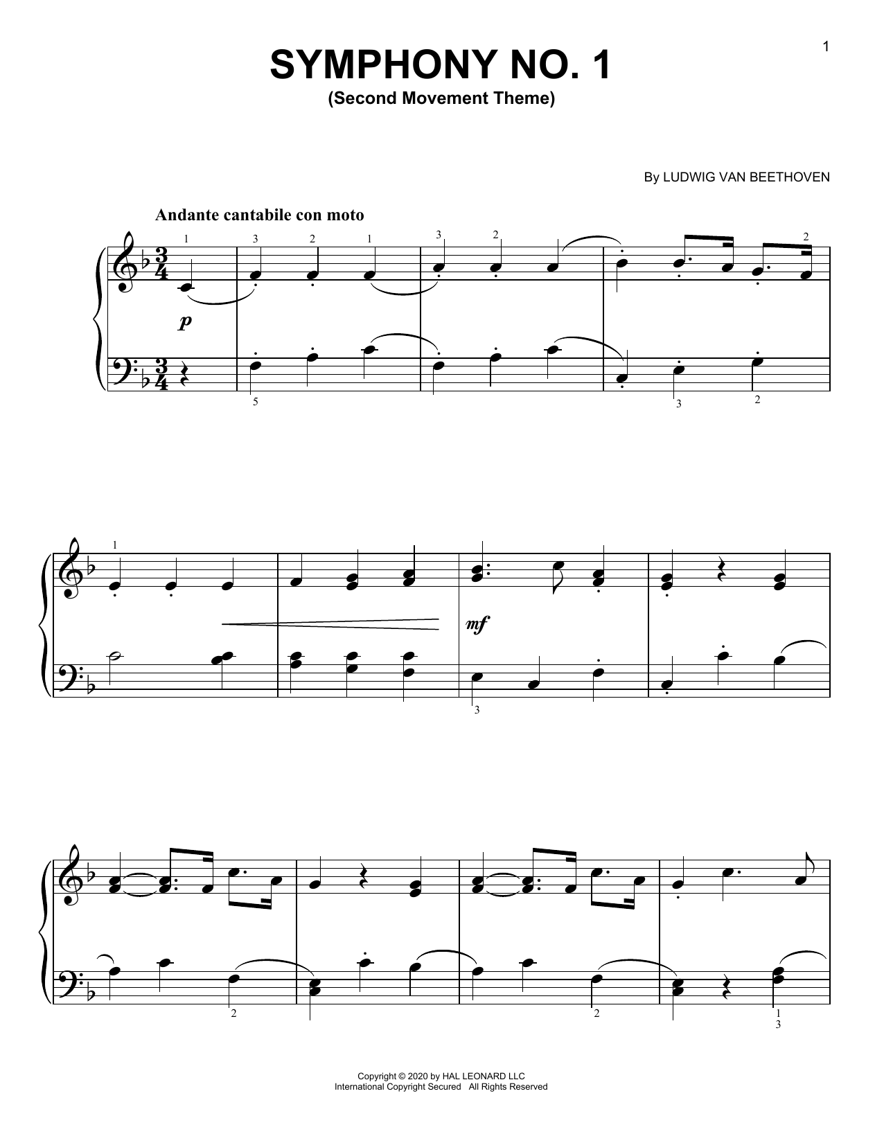 Download Ludwig van Beethoven Symphony No. 1, Andante, Second Movemen Sheet Music