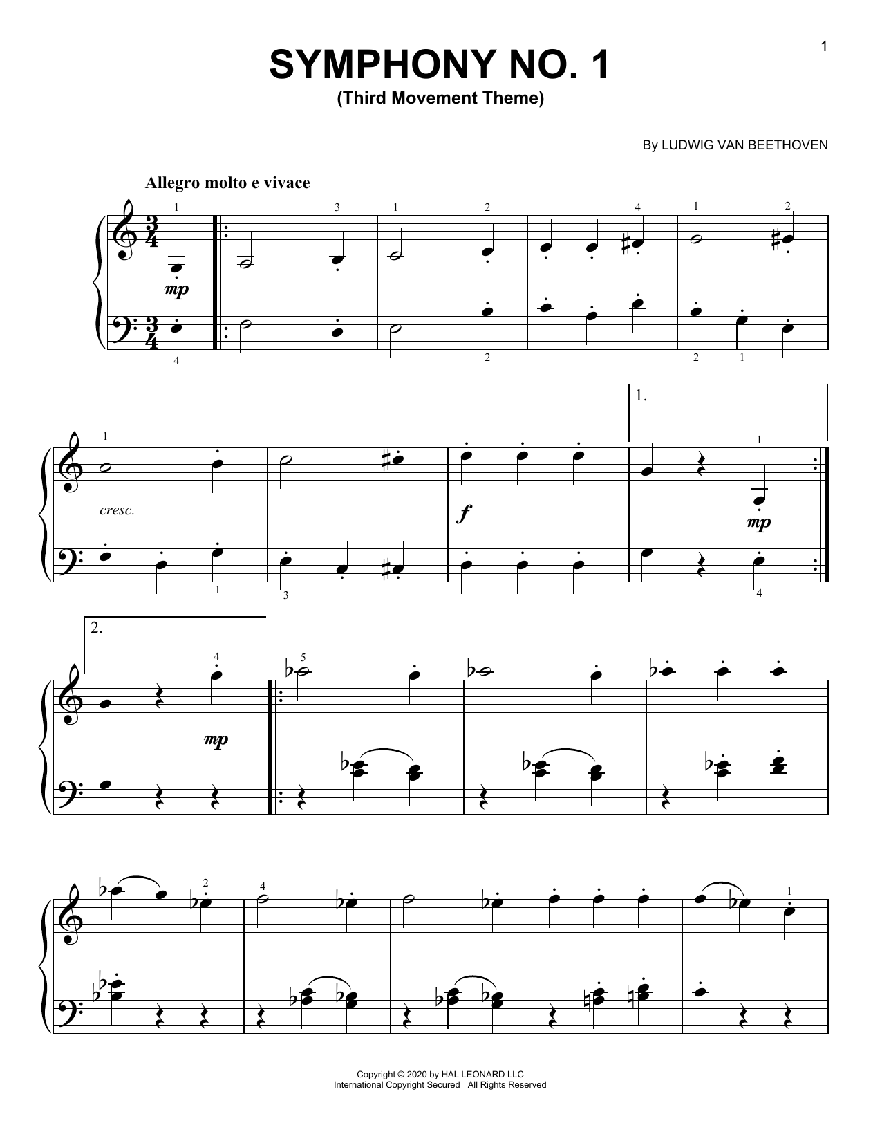 Ludwig van Beethoven Symphony No. 1, Third Movement Excerpt sheet music notes printable PDF score