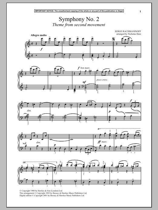 Download Sergei Rachmaninoff Symphony No. 2, (Second Movement Theme) Sheet Music