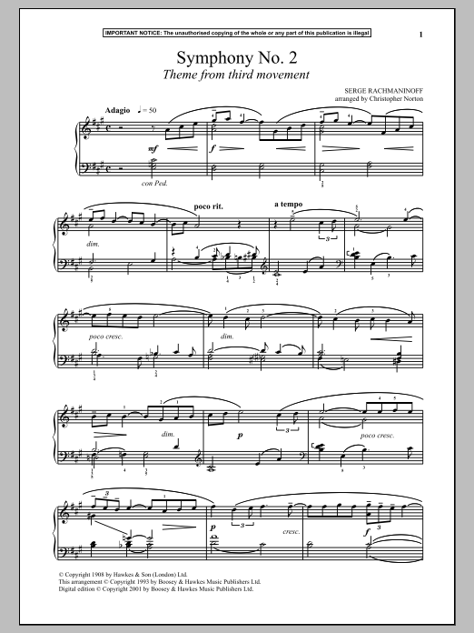 Download Sergei Rachmaninoff Symphony No. 2, (Third Movement Theme) Sheet Music