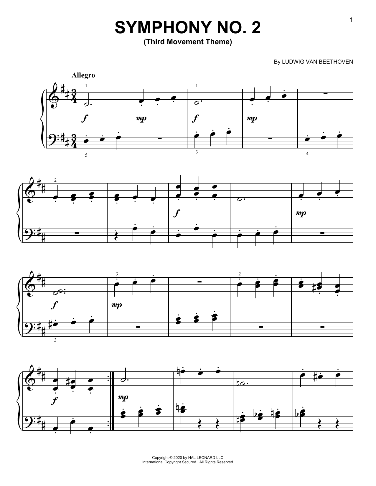 Ludwig van Beethoven Symphony No. 2, Third Movement Excerpt sheet music notes printable PDF score
