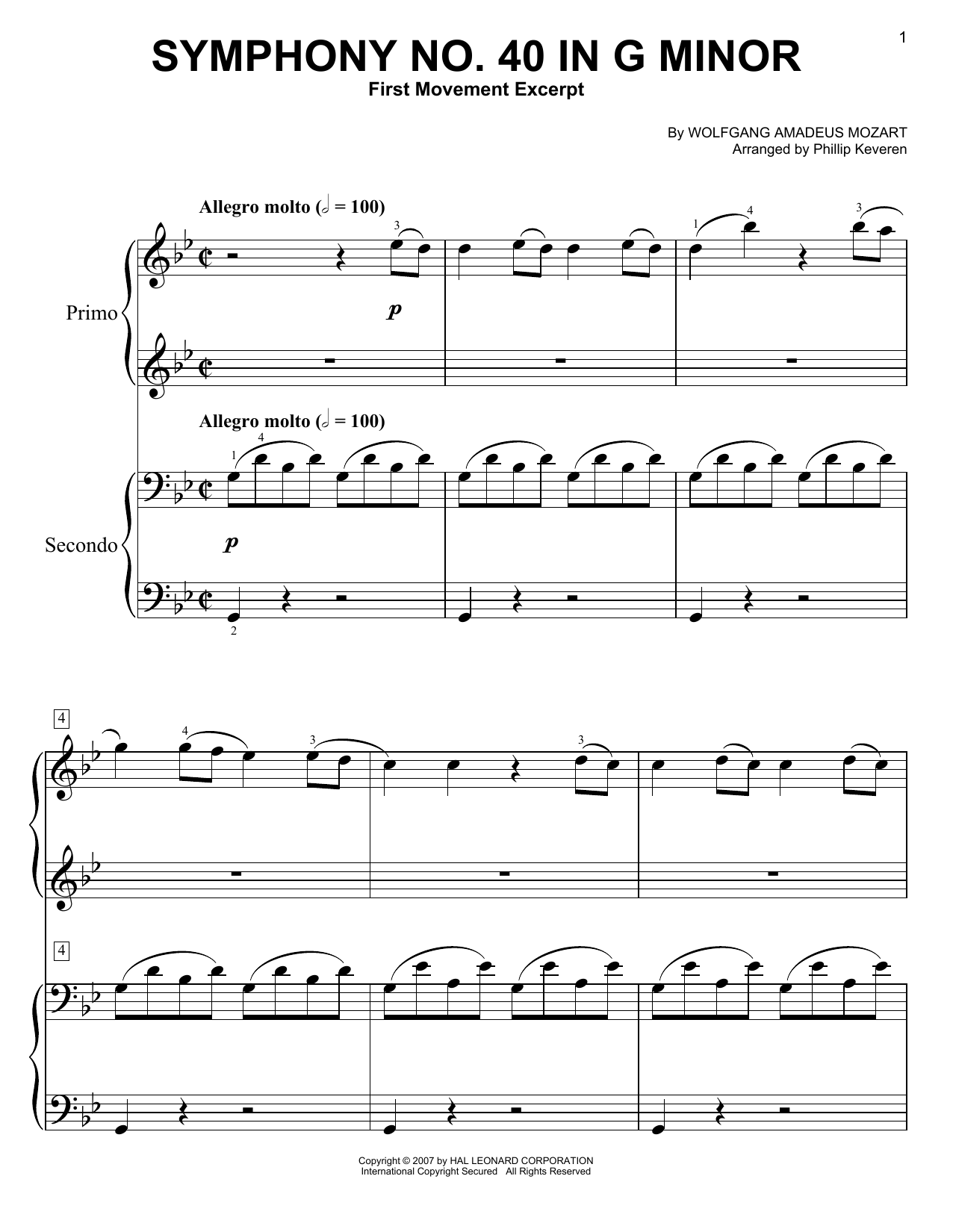 Phillip Keveren Symphony No. 40 In G Minor, First Movement Excerpt sheet music notes printable PDF score