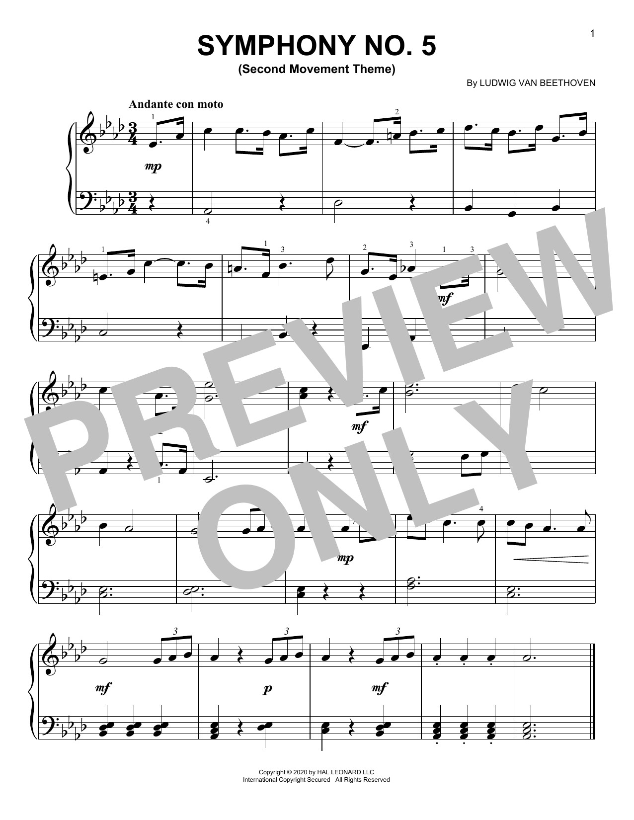 Ludwig van Beethoven Symphony No. 5, Second Movement Excerpt sheet music notes printable PDF score