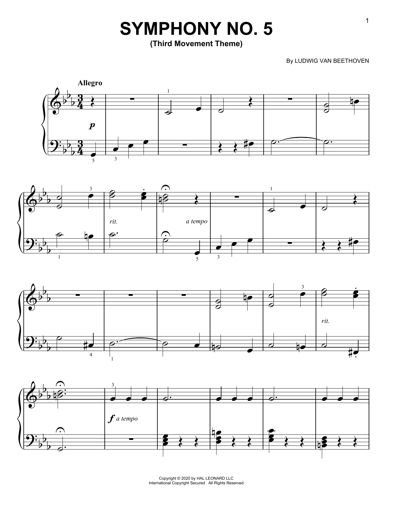 Ludwig van Beethoven Symphony No. 5, Third Movement Excerpt sheet music notes printable PDF score
