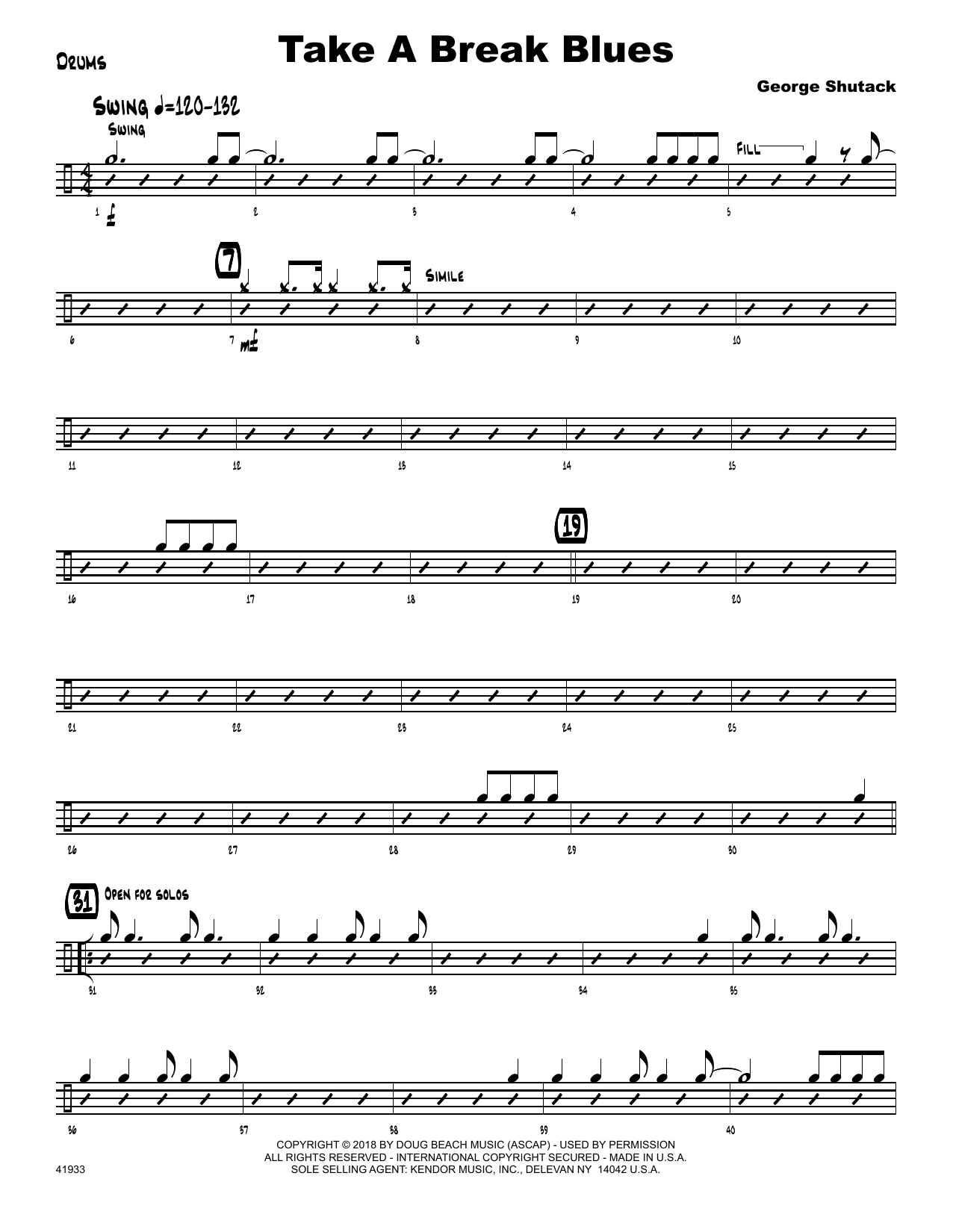 Download George Shutack Take A Break Blues - Drum Set Sheet Music