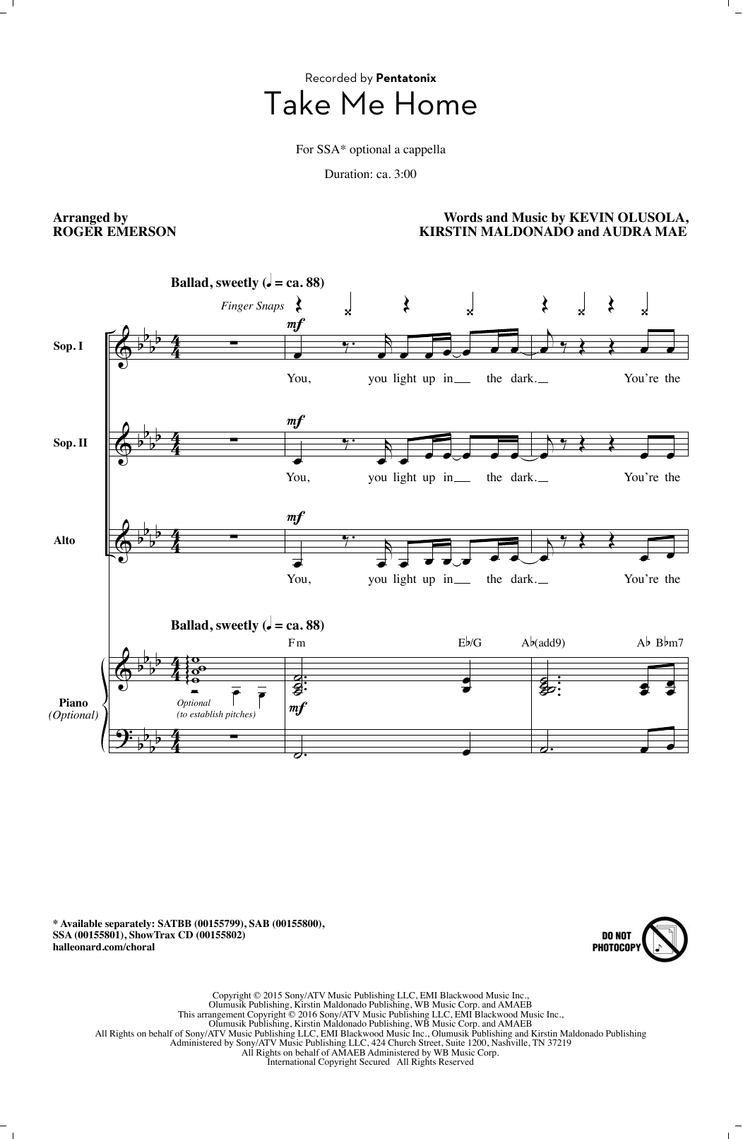 Download Pentatonix Take Me Home (arr. Roger Emerson) Sheet Music